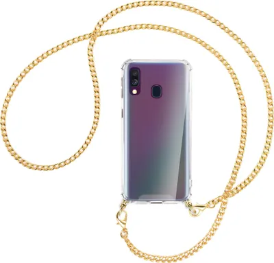 Produktbild von Handykette Backcover-Schutzhülle mit Band (Metall goldfarben) für Samsung Galaxy A40 - goldfarbene Kette