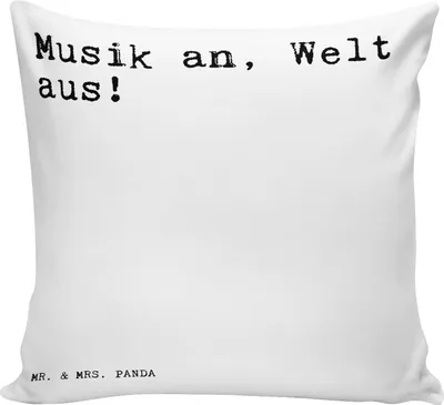 Produktbild von Mr. & Mrs. Panda kissen bedruckt Musik an, Welt aus!... - Weiß - Geschenk, Spruch Sprüche Weisheiten Zitate Lustig Weisheit Worte, Deko, kuschelkissen 40x40, Kopfhörer