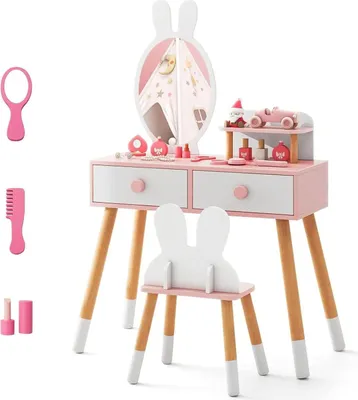 Zdjęcie produktu dla Zestaw toaletki dla dzieci – toaletka 2 w 1 z lustrem – wzór z królikiem – 2 szuflady i półka – drewno – biały