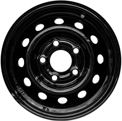 A black steel wheel rim with multiple holes.