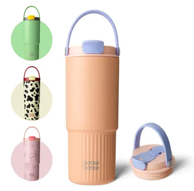 Isolierte Wasserflasche 750 ml mit Strohhalm und Griff, Pfirsich