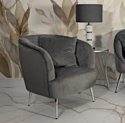 Imagen del producto de Sillón elegante "Silvery" (73 x 66 x 78 cm) en terciopelo gris con patas plateadas, de diseño moderno y elegante, que incluye un cojín para mayor confort y lujo