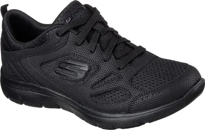 A black Skechers sneaker is shown from a side angle on a white background.