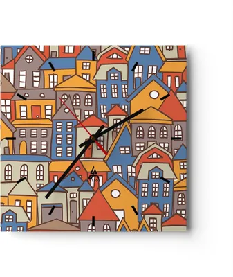 Produktbild von Wanduhr - Quadrat - Glasuhr - Stadt Haus Straße - 40x40cm - Schleichendes Uhrwerk - Lautlos - zum Aufhängen bereit - Dekoration Modern - Wanddekoration aus Glas - C3AC40x40-3953