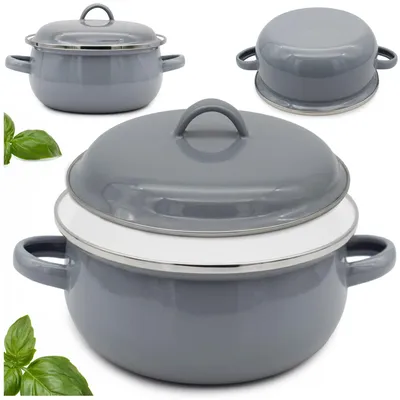 Zdjęcie produktu dla Rondelek z Uchwytami i Pokrywką 1,3L Szary Mały Garnuszek Emaliowany 16cm