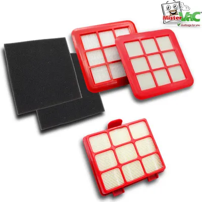 A set of vacuum cleaner filters and foam pads arranged on a white background.