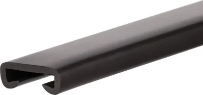 A close-up, studio shot of a black PVC handrail profile against a white background.