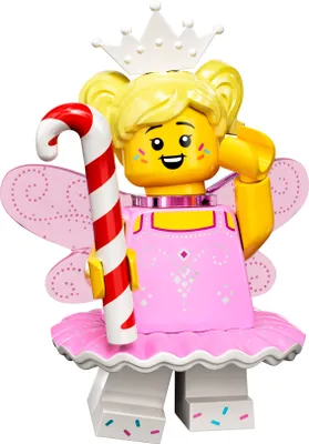 A LEGO minifigure of a sugar fairy holding a candy cane.