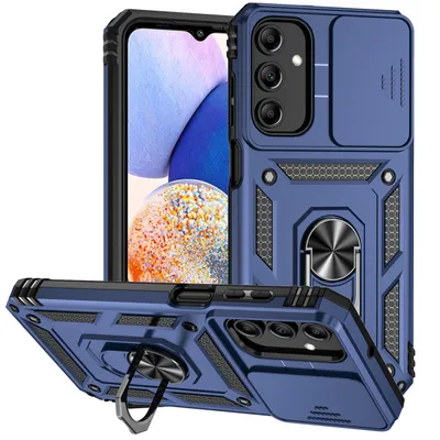 Immagine prodotto di Custodia per Samsung Galaxy A15 a doppio strato con copertura scorrevole della fotocamera e supporto ad anello blu