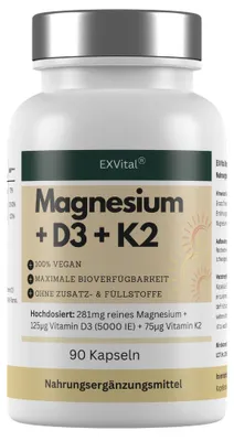 Produktbild von Magnesium + D3 + K2, hochdosiertes Magnesium Komplex, 90 Stück von EXVital
