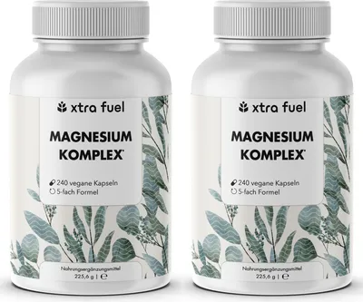 Produktbild von Magnesium Komplex* - 5‑fach Formel mit 400mg elementarem Magnesium – 2x Dosen (480 Magnesium Kapseln)