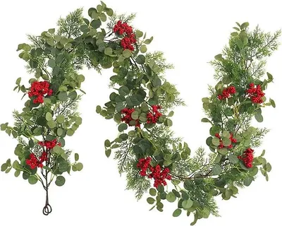 Produktbild von Weihnachtsgirlande 2m Girlande Weihnachten Kieferngirlande Tannengirlande Kš¹nstlich wie echt, Grš¹ne Kiefer Eukalyptus Rote Beeren Girlande Tannengrš¹n, Christmas Garland Treppen Outdoor Deko