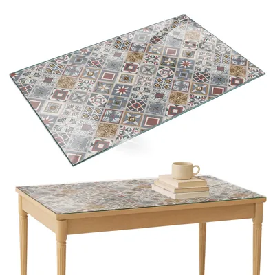Produktbild von Glasplatte Tisch – Esstischplatte Glas – Tischplatte Glas – Glasarbeitsplatte Tisch – Glasplatte Esstisch – Pflegeleicht – Witterungsbeständig – 120x80 cm – Mosaikmuster mit Ornamenten