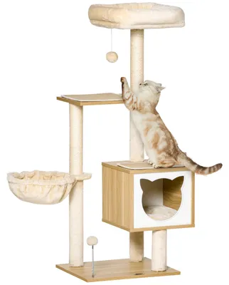 Image de Arbre à chat, quatre étages, hamac confortable, matériaux robustes, beige, 48x40x126 cm