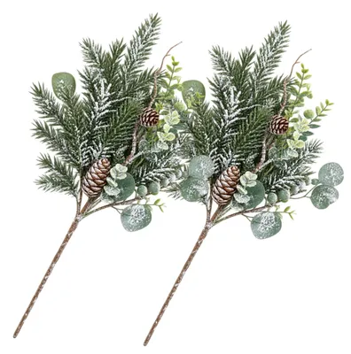 Produktbild von G.blümt Künstlicher Tannenzweig mit Eukalyptus 50cm, Weihnachtszweig Zapfen mit Frost-Schnee-Effekt 2 Stück