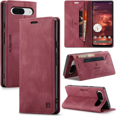 A collage of images showing a red flip phone case for a Google Pixel 8A, with different angles and views of its features, including card slots and a stand function.