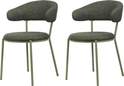 Two modern chairs with green metal frames and gray fabric seats and backs are shown against a white background.