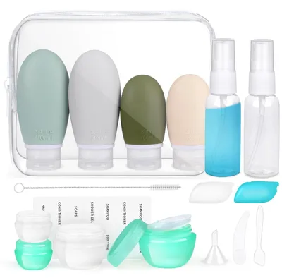 Immagine prodotto di Set di flaconi da viaggio da 18 pezzi - Flaconi in silicone riutilizzabili - Antifuga - Approvati TSA - 30/60/100 ml - Senza  - Ideali per viaggi