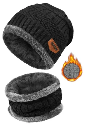 Produktbild von Winterlich Mütze Strickmütze Wintermütze - Mit Fleecefutter - Mütze und Schal Set - Warmes Winterset