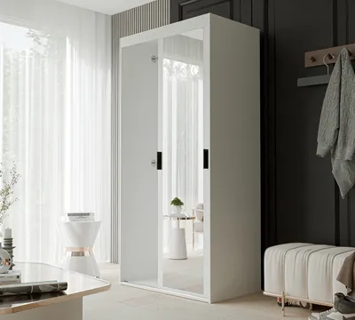 Produktbild von Schiebetürenschrank mit Spiegel Kleiderschrank LUNA 100 cm mit Regalen und Kleiderstangen Schrank Garderobe Weiß / Weiß Matt schwarze Griffe