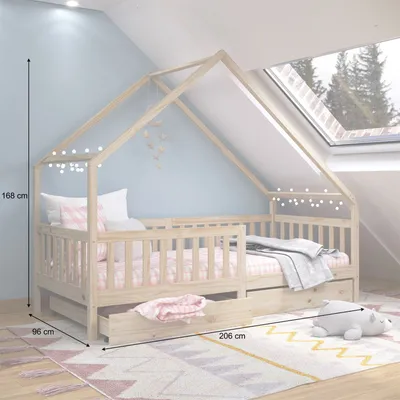Produktbild von Hausbett ALVA aus Kiefer Massivholz, natur - Kinderbett mit Dach, Tipibett mit Schubladen, Kinderzimmer Bett, Bodennahes Bett Montessori, ideal für Dachschrägen