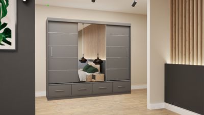Schwebetürenschrank Schrank Kleiderschrank 250 cm matt Grau/Grau  mit Spiegel Florence