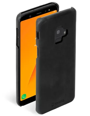 A black phone case is shown next to a smartphone.