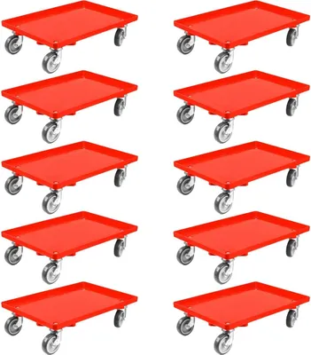 Produktbild von SparSet 10x Transportroller für Euroboxen 60x40cm mit Gummiräder rot | Geschlossenes Deck | 2 Lenkrollen & 2 Bremsrollen | Traglast 300kg | Kistenroller Logistikroller Rollwagen Profi-Fahrgestell