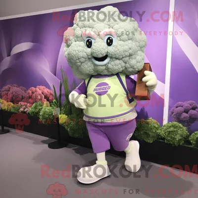 Image de Personnage mascotte REDBROKOLY de chou-fleur lavande habillé avec un short de course et des porte-documents