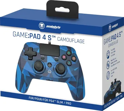 The image shows the packaging of a blue camouflage game controller for PS4. The packaging is mostly blue with white text and graphics.