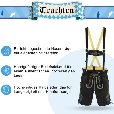 Produktbild von kurze Trachtenlederhose Toni Lederhosen mit Hosenträger, Größe:50/M, Farbe:Schwarz