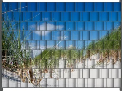 Produktbild von Wallario Zaunsichtschutz mit Motiv Düne am Strand unter blauem Himmel für Ein- und Doppelstabmatten Zäune in der Größe 250 x 180 cm