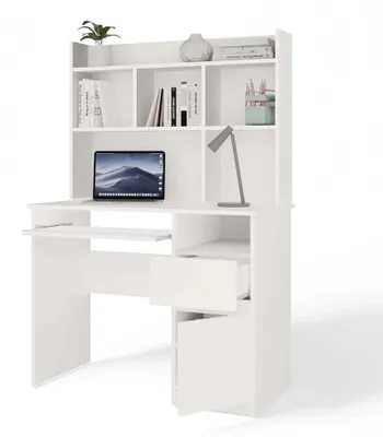 Produktbild von PORTO Schreibtisch rechts mit Tischplatte, mattweiß, Schublade, Regalen für das Büro