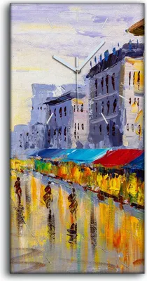 Produktbild von Wandkunst Leinwand Bild Uhr 30x60 Gemälde Abstrakte Stadt Markt Gebäude - weiße Hände