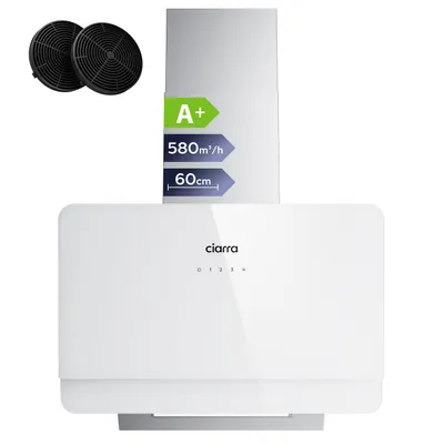 A white kitchen hood with energy efficiency labels and two charcoal filters.