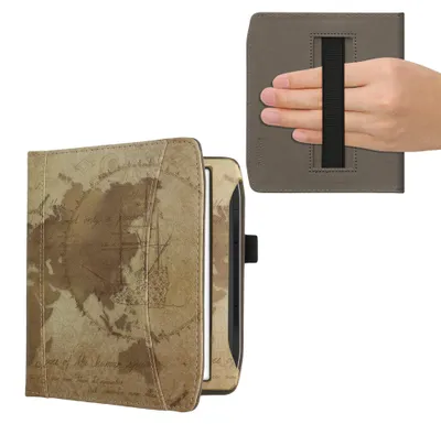Produktbild von kwmobile Flip Hülle kompatibel mit Pocketbook Era / Era Color - Vorderfach Handschlaufe - Travel Vintage Braun Hellbraun