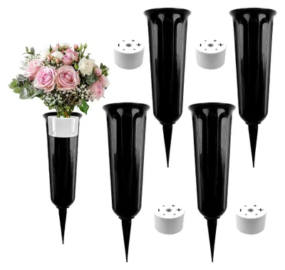 Produktbild von 4 Stück Grabvase mit Erdspieß für Gräber und Gartendekoration (Schwarz)