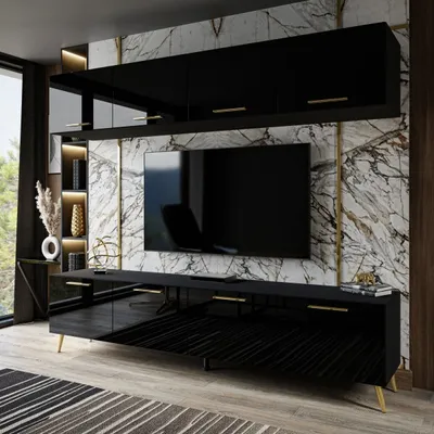Produktbild von Wohnwand AURA mit Griffen schwarz hochglanz, goldene Beine und Griffe + LED