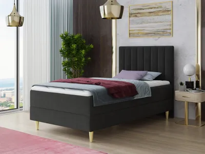 Produktbild von Boxspringbett Gold Mini mit Bettkasten, Bonell-Matratze und Topper - Einzelbett mit Matratzentopper, Polsterbett, Bett, Schlafzimmer, Jugendzimmer, Velours Stoff (Schwarz (Manila 18), 120 x 200 cm)