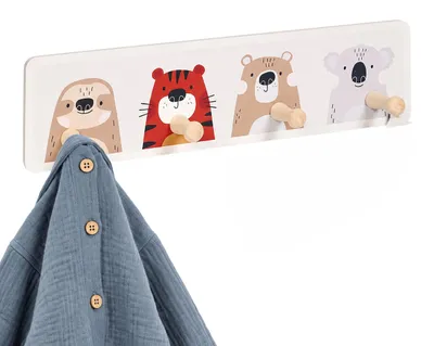 Productafbeelding van Relaxdays kinderkledingrek, 4 haken, design A, voor wandmontage, gemaakt van MDF en hout, geschikt voor kinderkamer of hal, garderobestang, bruin/grijs