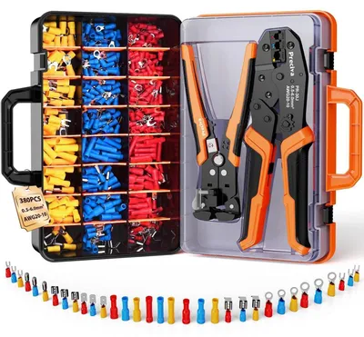 Immagine prodotto di Set di pinze per crimpatura: pinza a rattoppo per crimpatura + pinza spelafili + 380 connettori per cavi da 0,5-6 mm²