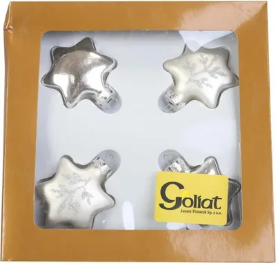 Produktbild von Set mit 4 silbernen, sternförmigen Glaskugeln - 2 matt, 2 brokatfarben, 5 cm