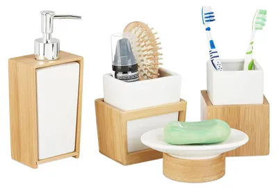 Image de TRANKIELO® - Ensemble de 4 accessoires de salle de bain - bambou et céramique - distributeur de savon, porte-brosses à dents, couleur blanc naturel