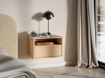 Produktbild von Nachttisch hängend – Nachtkommode – Wandnachttisch – Nachtkonsole – REYNOS 08 – Sonoma Eiche – 45 cm – Minimalistisches Design für schwebende Optik