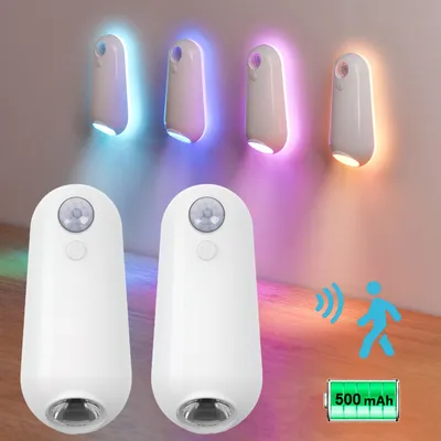 Obrázek produktu pro 2 kusy RGB noční světlo s detektorem pohybu dobíjecí baterie, LED světlo do skříně nástěnné světlo IP44 pro koupelnu chodbu schody ložnici garáž