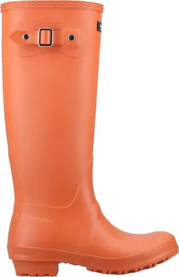 A single orange rain boot is shown against a white background.
