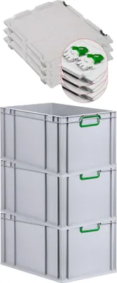 A stack of three white Euroboxes with green handles, and a close-up inset of stacked lids with green clasps.