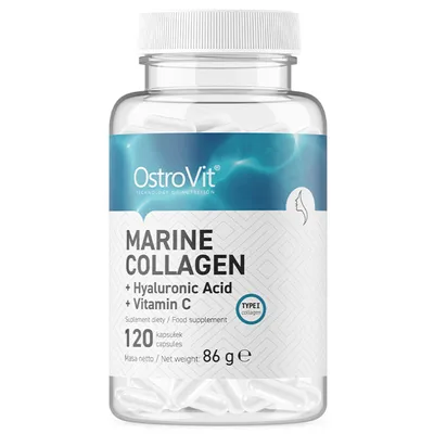A clear, well-lit studio shot of a bottle of OstroVit Marine Collagen supplement.