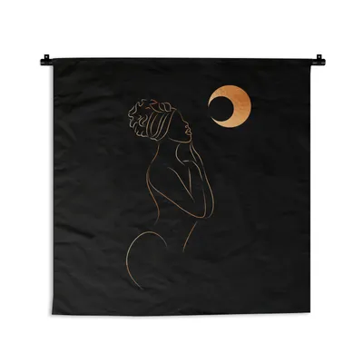 Produktbild von MuchoWow® Wandteppich Wandbehang Frau - Mond - Schwarz und Gold - Strichzeichnung 150x150 cm Tapisserie Dekoration Wandtuch - Wohnaccessoires - Modernes