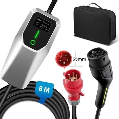 Zdjęcie produktu dla Przenośna stacja ładowania EV o mocy 11 kW, typ 2, kabel ładujący 8 m, trójfazowa, 6–16 A, wtyczka CEE, w zestawie z torbą transportową